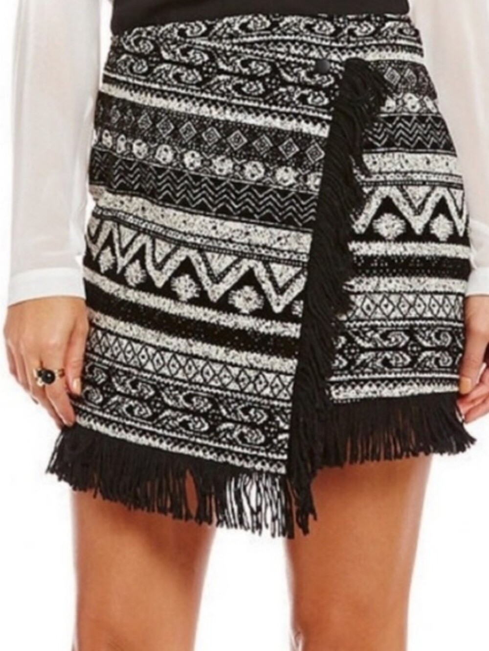 1. State Nomad Black White Fringe Faux Wrap Mini Skirt Size Small NWT